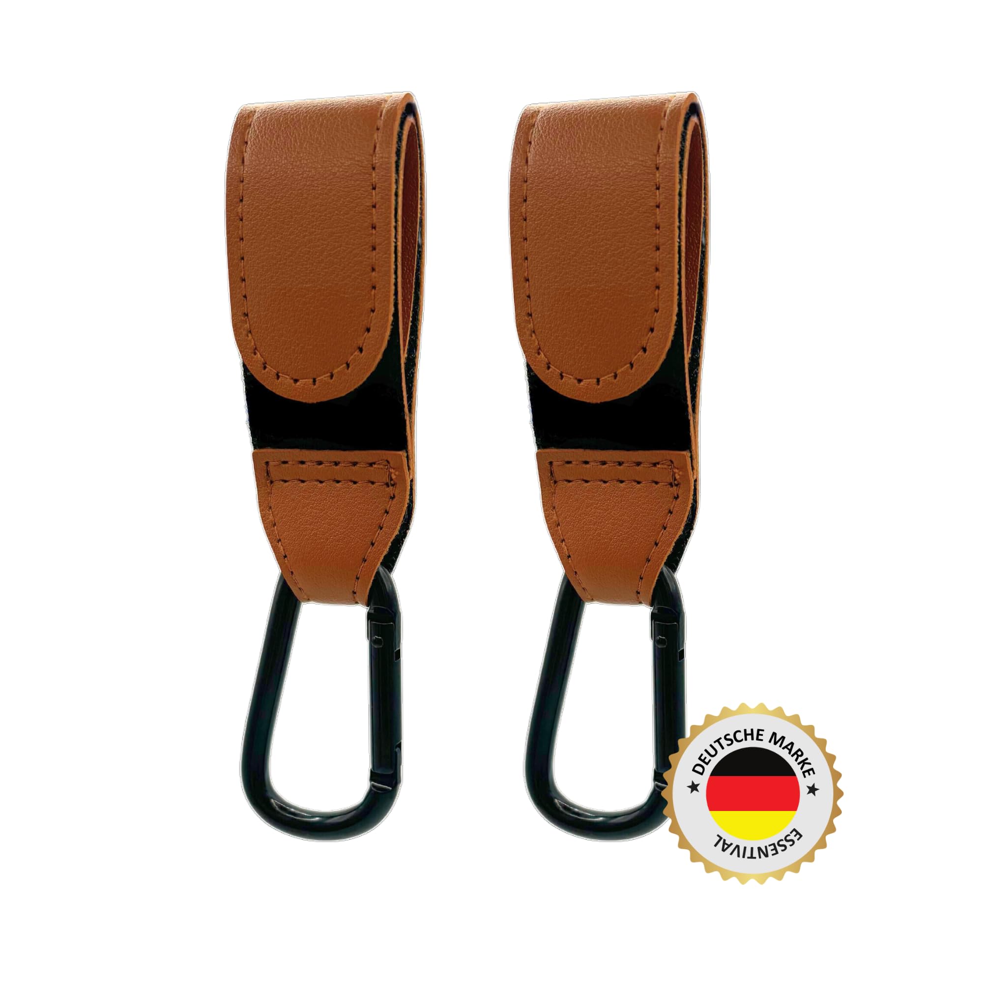 ESSENTIVAL Kinderwagen Haken für Taschen (2 Stück) - Großer Universalkarabiner für Kinderwagen, Robuste Karabinerhaken als Taschenhalter, Anhänger für Kinderwagen in Universeller Passform (Braun)