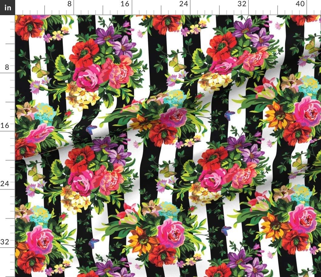 Spoonflower Fabric - Floral Pop Stripes Large Print Black White Roses Butterfly Boho Printed on Petal Signature Cotton Fabric by The Yard - Sewing Quilting Apparel Crafts Decor