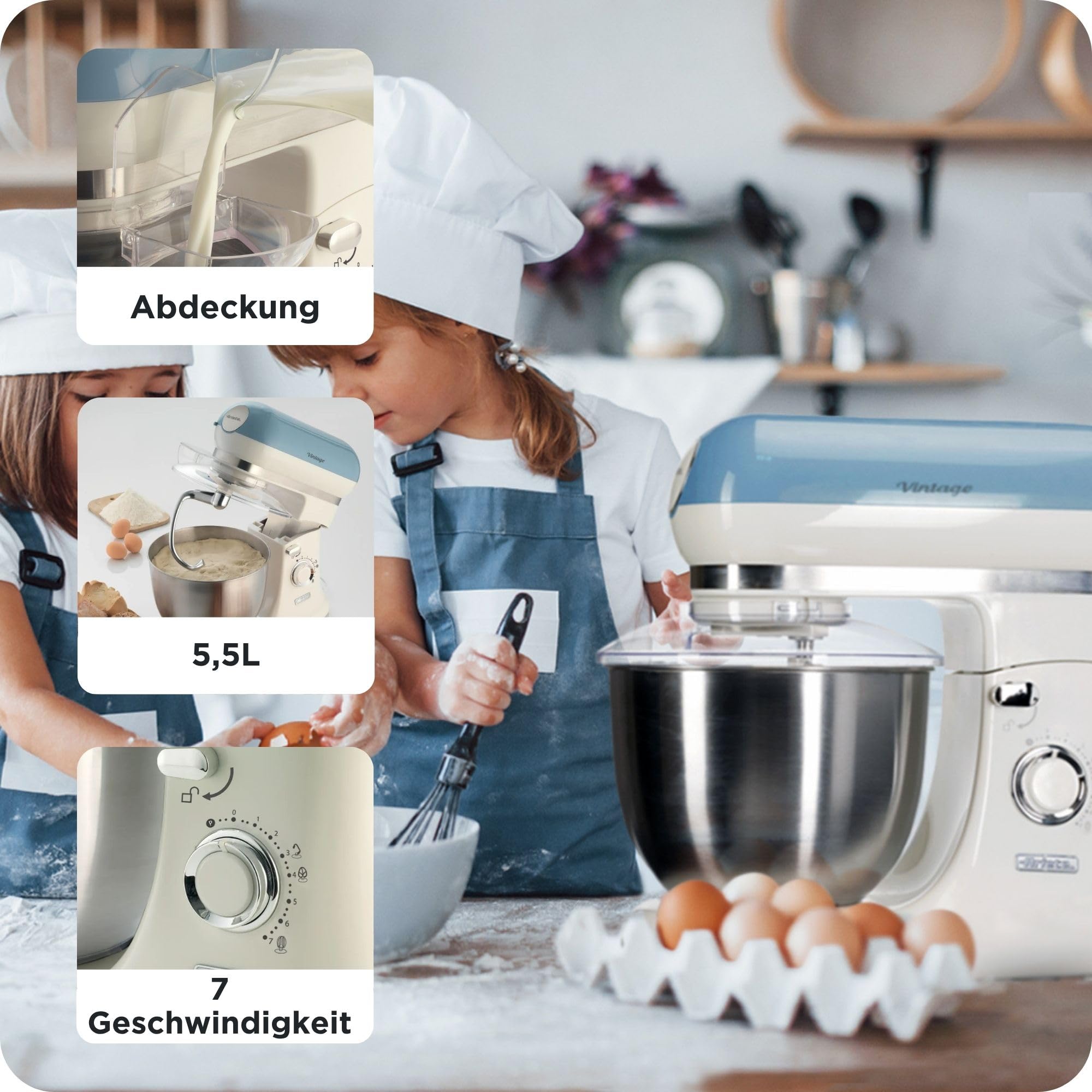 Ariete Vintage 1588 Knetmaschine, Retro Planeten-Rührwerk für Brot-, Pizza-, Kuchen- & Gebäck-Teig, Knethaken, Schneebesen, 5,5 L Fassungsvermögen, 7 Geschwindigkeiten + Pulse-Funktion, 1200W, Blau