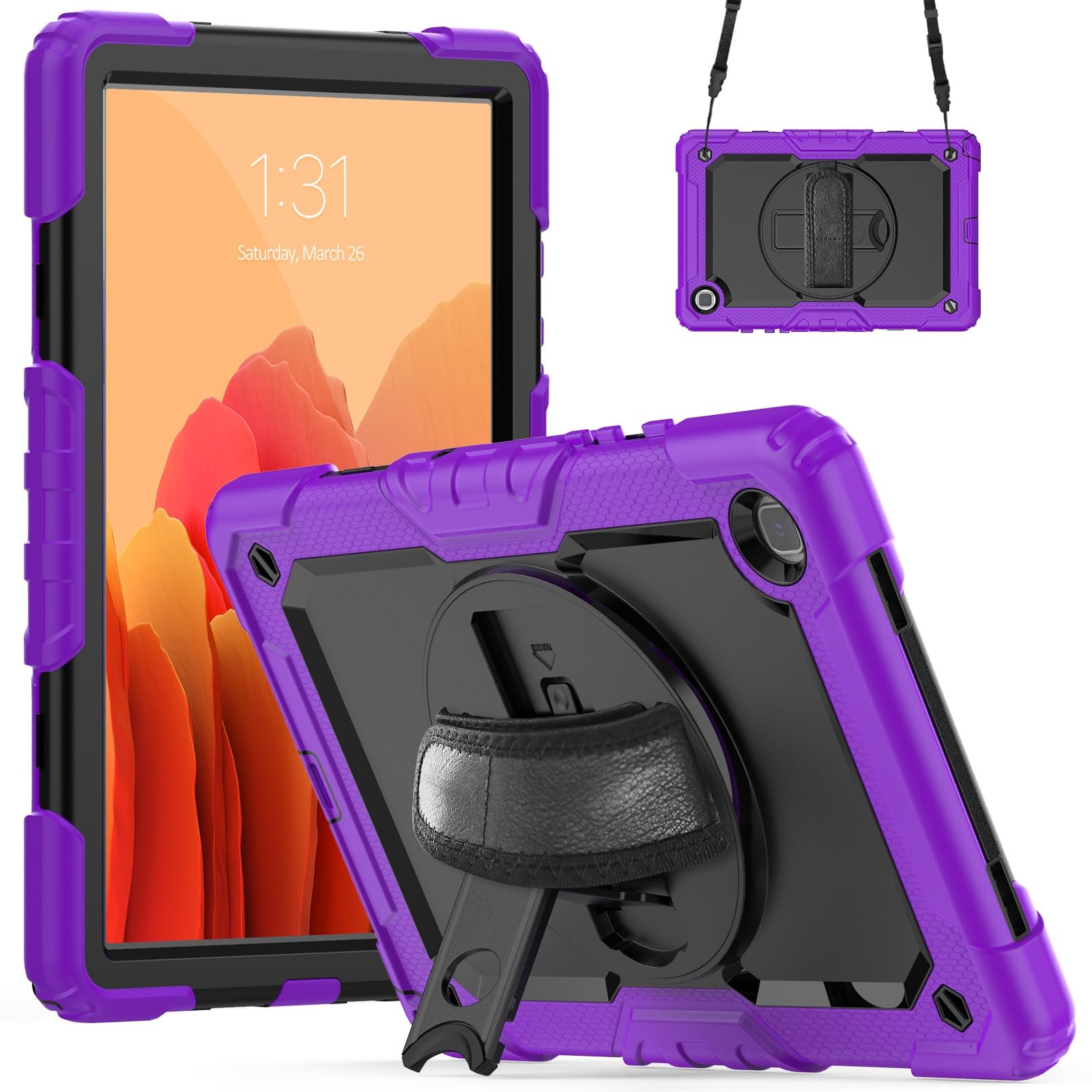 Kompatybilny z Samsung Galaxy Tab A7 10,4 cala SM-T500/T505 (2020) Etui folią ochronną ekranu, [podpórka] [pasek na ramię] Odporna wstrząsy wytrzymała obudowa 360° obrotowy pasek rękę i ramię(Mor)