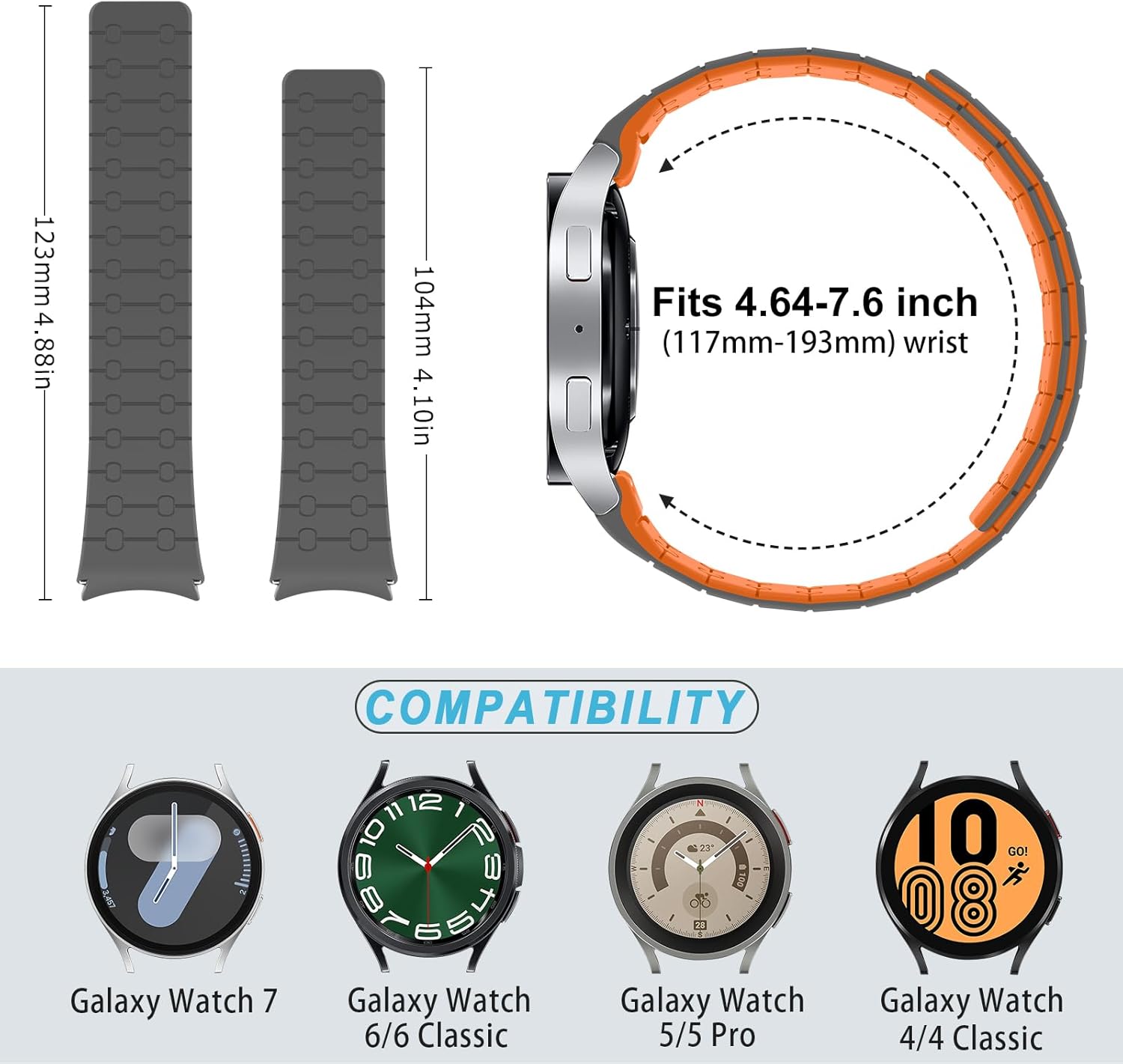 Amizee No Gap Bands Compatible with Samsung Galaxy Watch 7 6 5 4 FE Band 40mm 44mm/Watch 6 Classic 43mm 47mm/Watch 5 Pro 45mm/Watch 4 Classic, 20mm Magnetic Silicone Strap for Women Men, Gray/Orange - Image 6