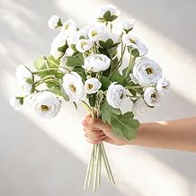 4 Pcs 7 Heads Artificial Ranunculus Flowers 18.5" White Velvet Flocked Fake Ranunculus Faux Silk Flower Bouquets with Long Stem and Leaves for Wedding Bridal Shower Arrangements Decoration