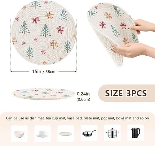 Miniatura 2 de 3 Pcs Kitchen Trivet Mat Christmas Trees Snowflakes for Hot Pots and Pans 15in Cotton Thread Weave Heat Resistant Hot Pads for Teapot Kitchen Aid