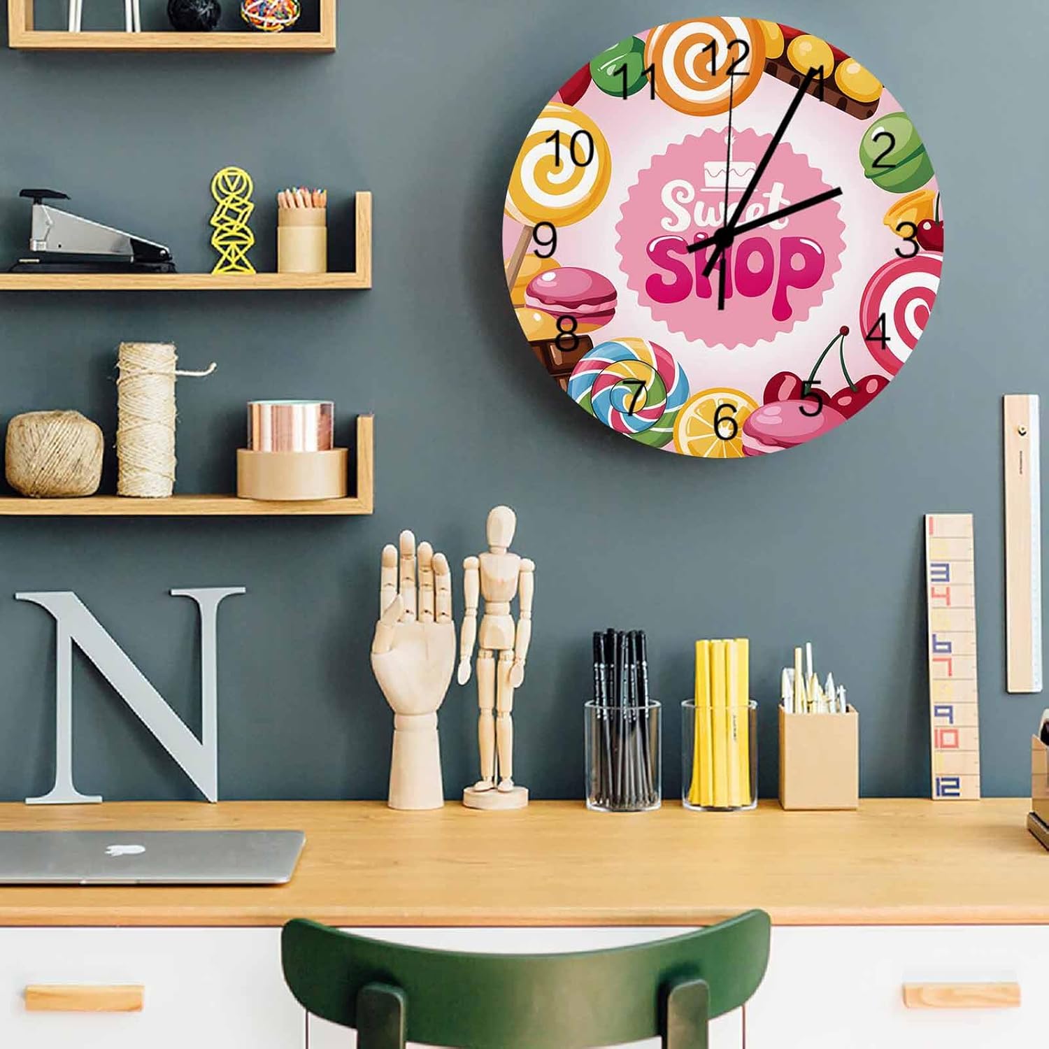 Home Decor 12 Inch Round Wooden Clock, Cartoon Sweet Shop Pink Candy Cake Lollipop Silent Non-Ticking Arabic Numeral, Battery Operated Clock Wall Decor for Living Room, Kitchen, Bedroom, or Office