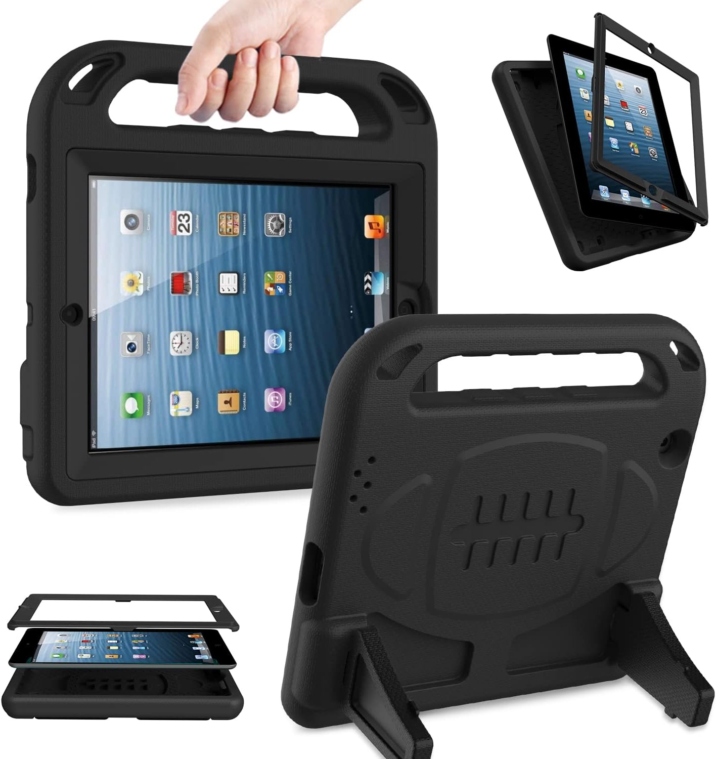 AVAWO Kids Case Built-in Screen Protector for iPad 2 3 4 （Old Model）- Shockproof Handle Stand Kids Friendly Compatible with iPad 2nd 3rd 4th Generation (Black)