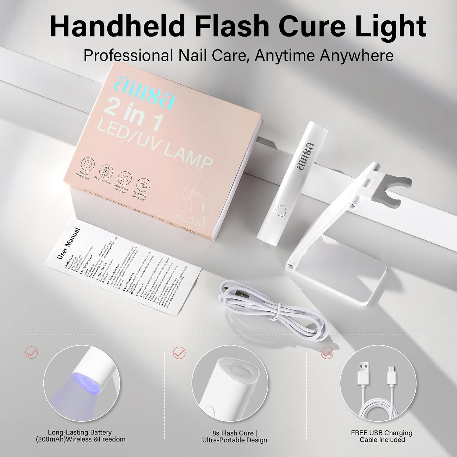 AILLSA Handheld UV Light for Gel Nails with Stand, Portable Flash Cure Lamp
