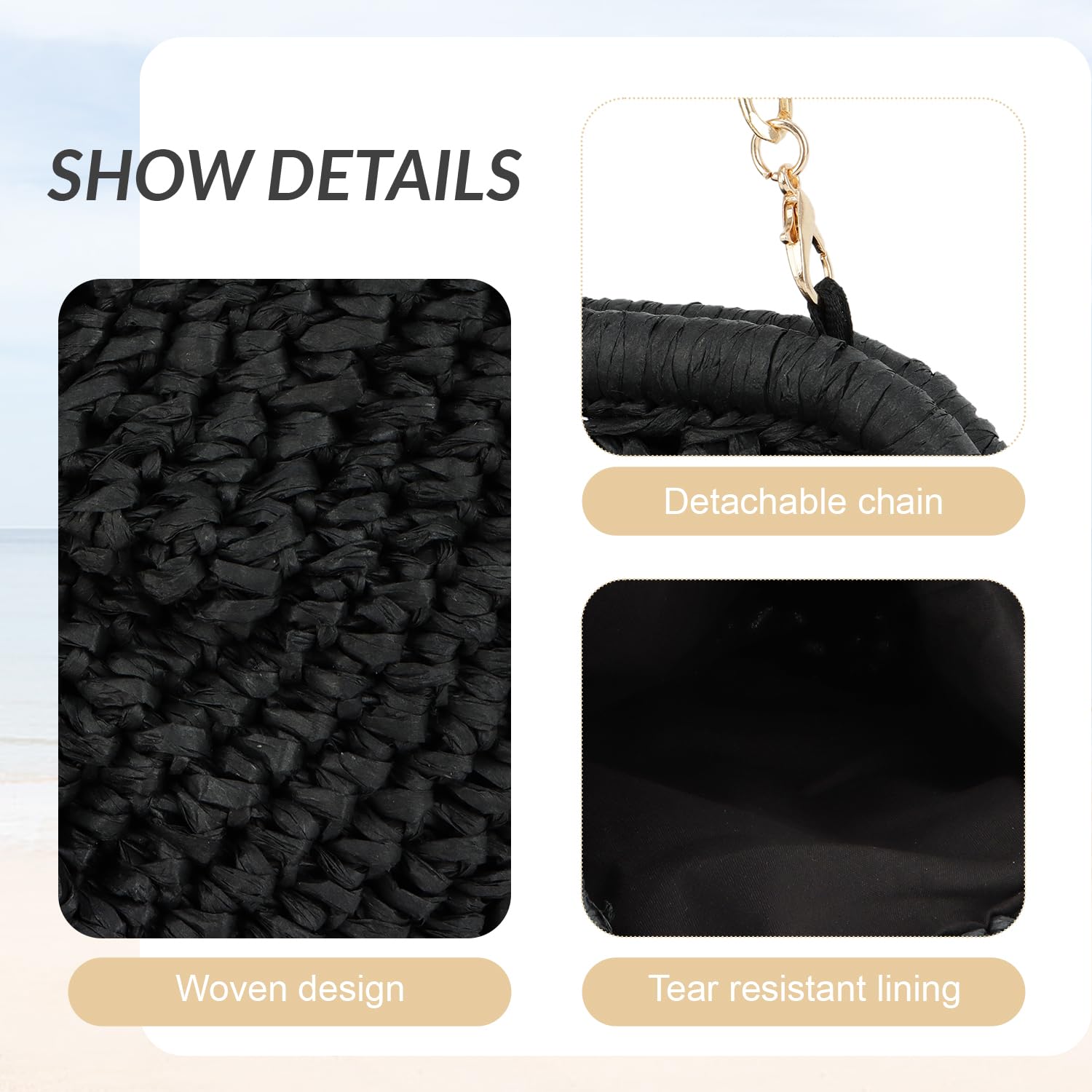 EVEOUT Clutch de Paja Mujer Bolso Nube de Boda Fiesta Paja con Cadena Bolsos bandolera Tejido para Vacaciones Playa