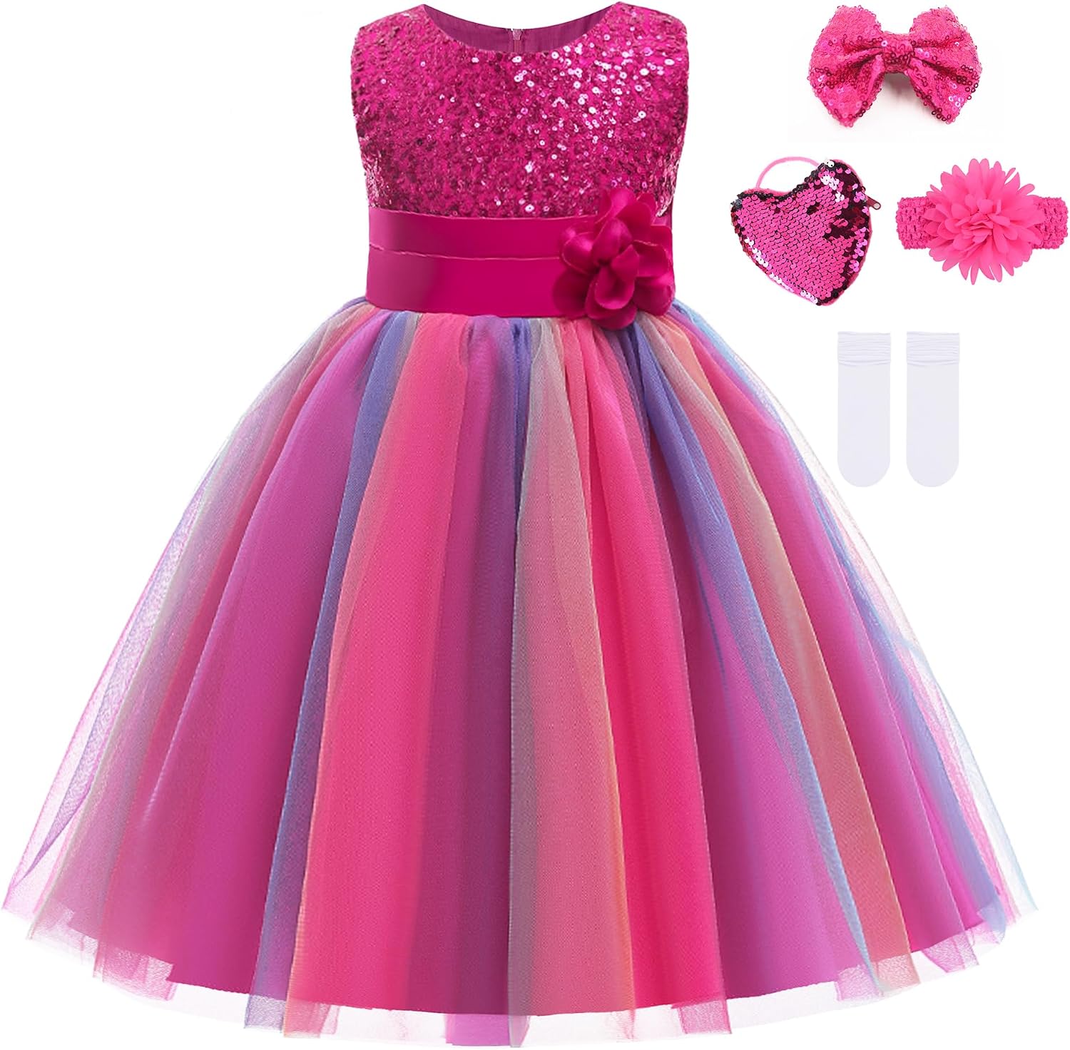 Little Girl's Sequin Sleeveless Mesh Rainbow Party Wedding Flower Dress with Accessories