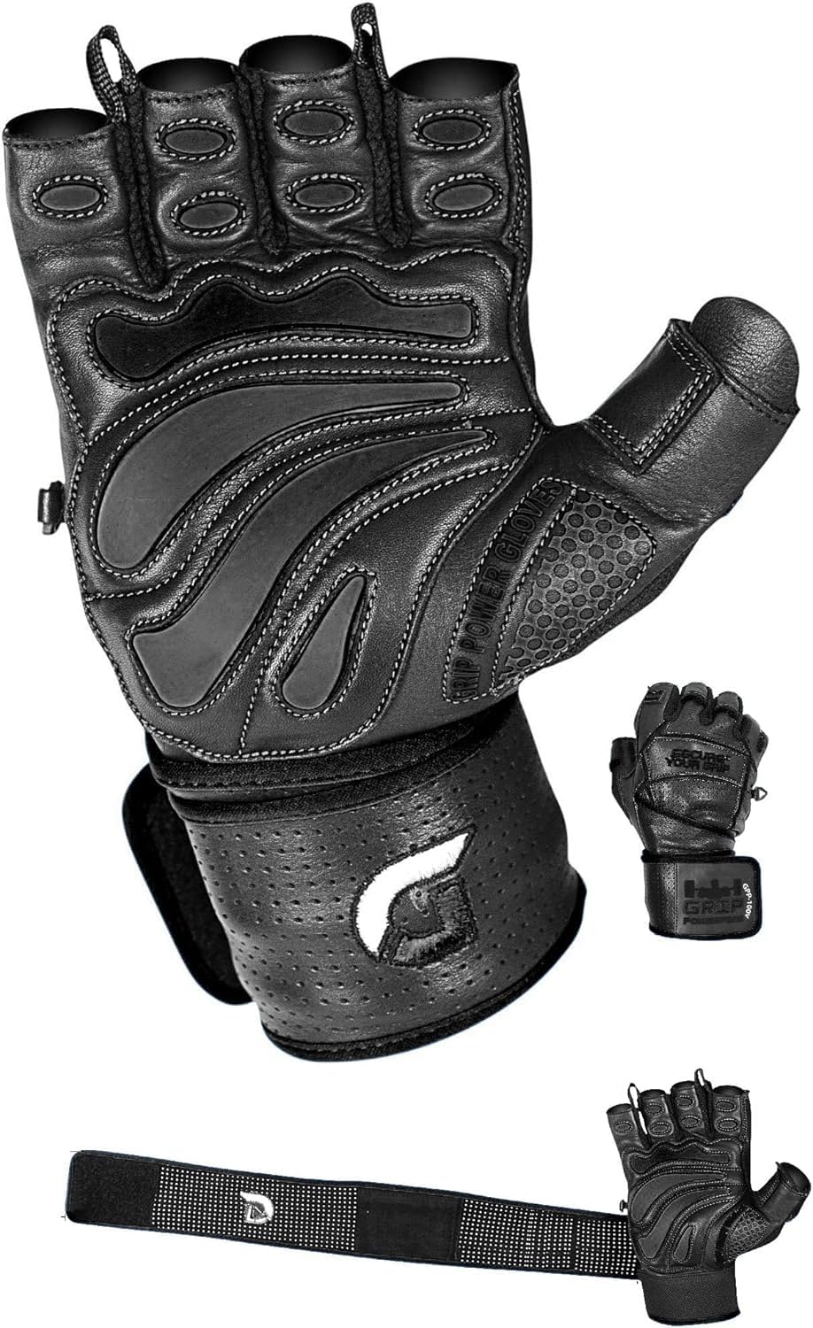 Grip Power Pads Elite Leather Gym Gloves with Built-in 2" Wrist Wraps for Weightlifting, Powerlifting & Bodybuilding