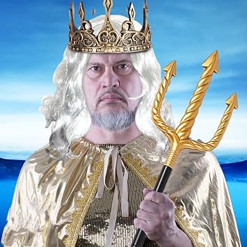 Lezevn 3Pcs King Neptune Costume Accessory Set Decorative Trident Gold King Crown White Wig for Men Halloween Dress Up