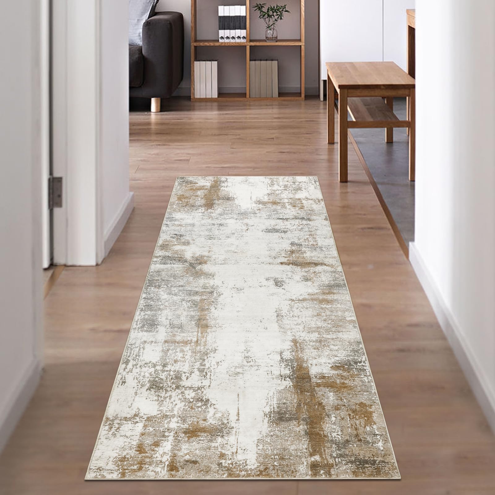 Famibay Hallway Runner Rug Non Slip Carpet Runners 50x150cm Modern Abstract Hall Runner Carpet Runner Washable Kitchen Rugs for Hallway Entryway Kitchen Bedroom Beige Brown — image 1