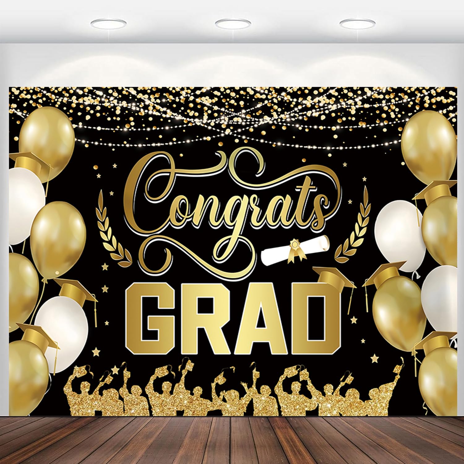 Graduation Backdrop 10x8ft Congrats Grad Photo Background Black and Gold Class of 2025 Banner Large Congratulations Graduate Decorations for School