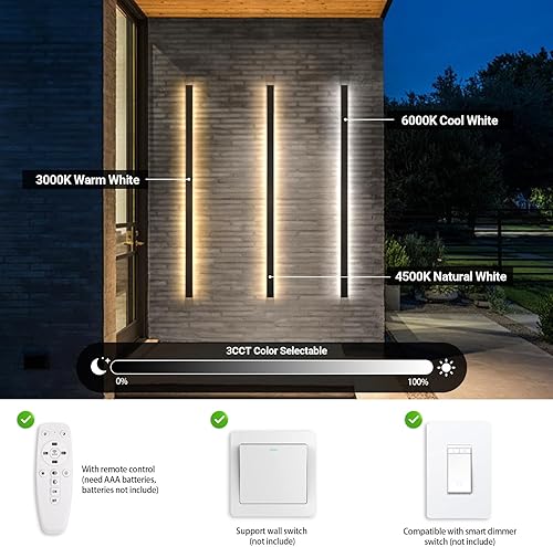 Miniatura 4 de Juego de 2 luces de pared para exteriores de 92.5 pulgadas, 3000-6000 K, apliques de pared modernos lineales IP65, impermeables, 3CCT seleccionables