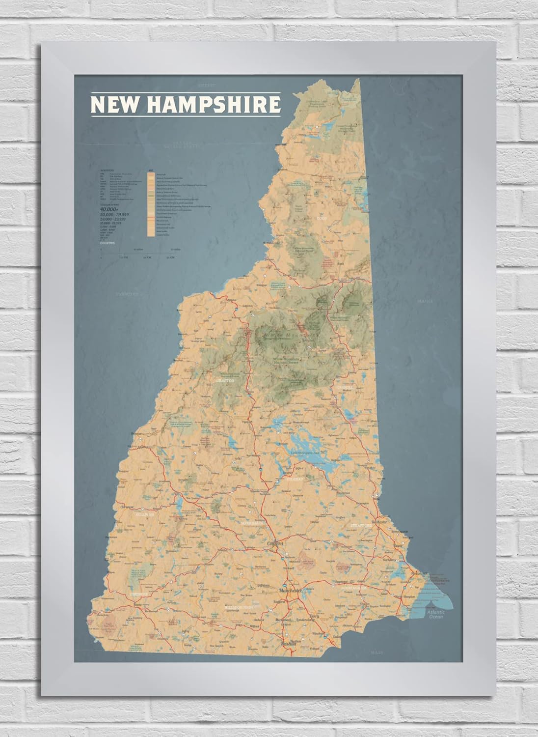 Best Maps Ever New Hampshire State Wall Map 24x36 Poster (Tan & Slate Blue)
