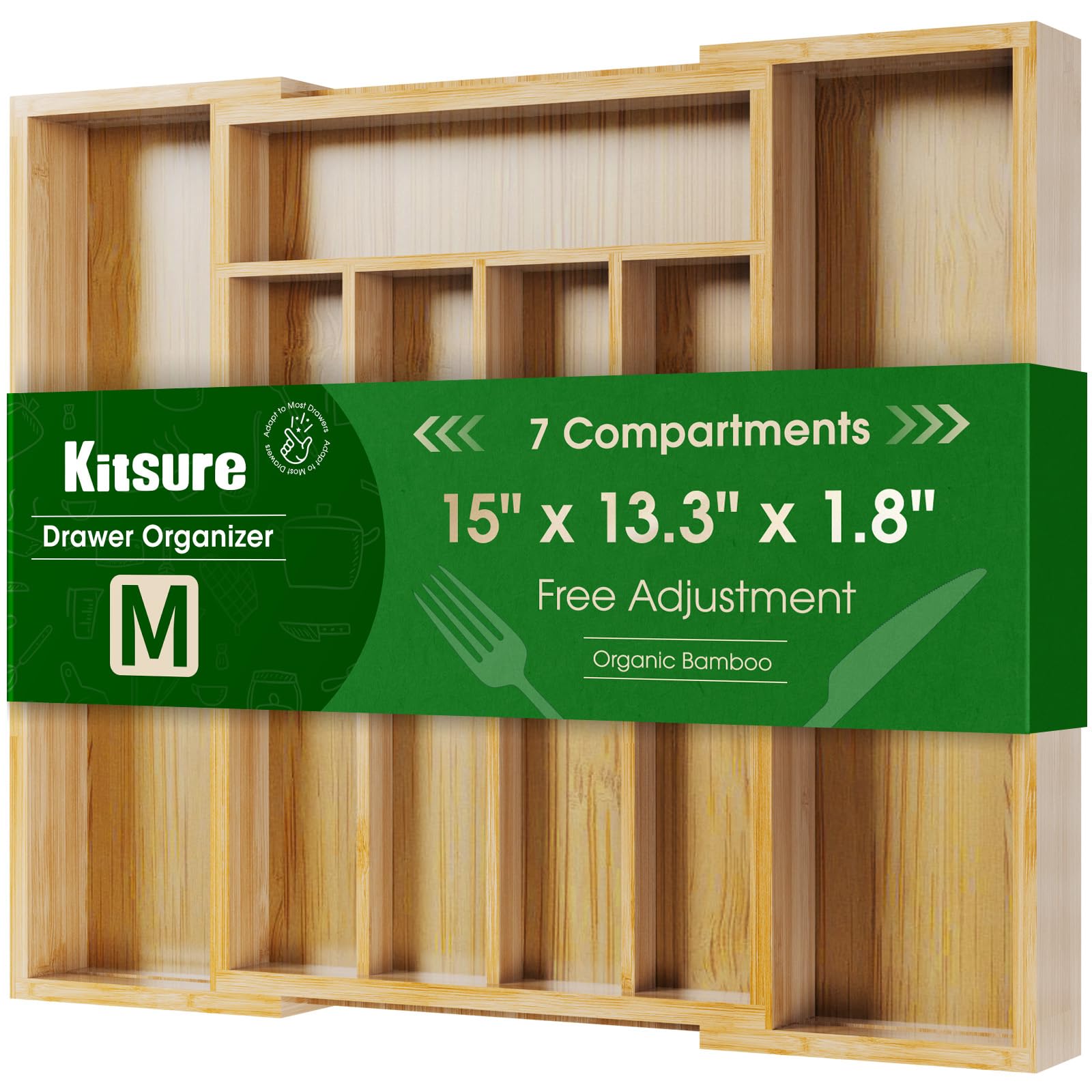 Kitsure Silverware Organizer, Bamboo Kitchen Drawer Tray, Natural, Medium