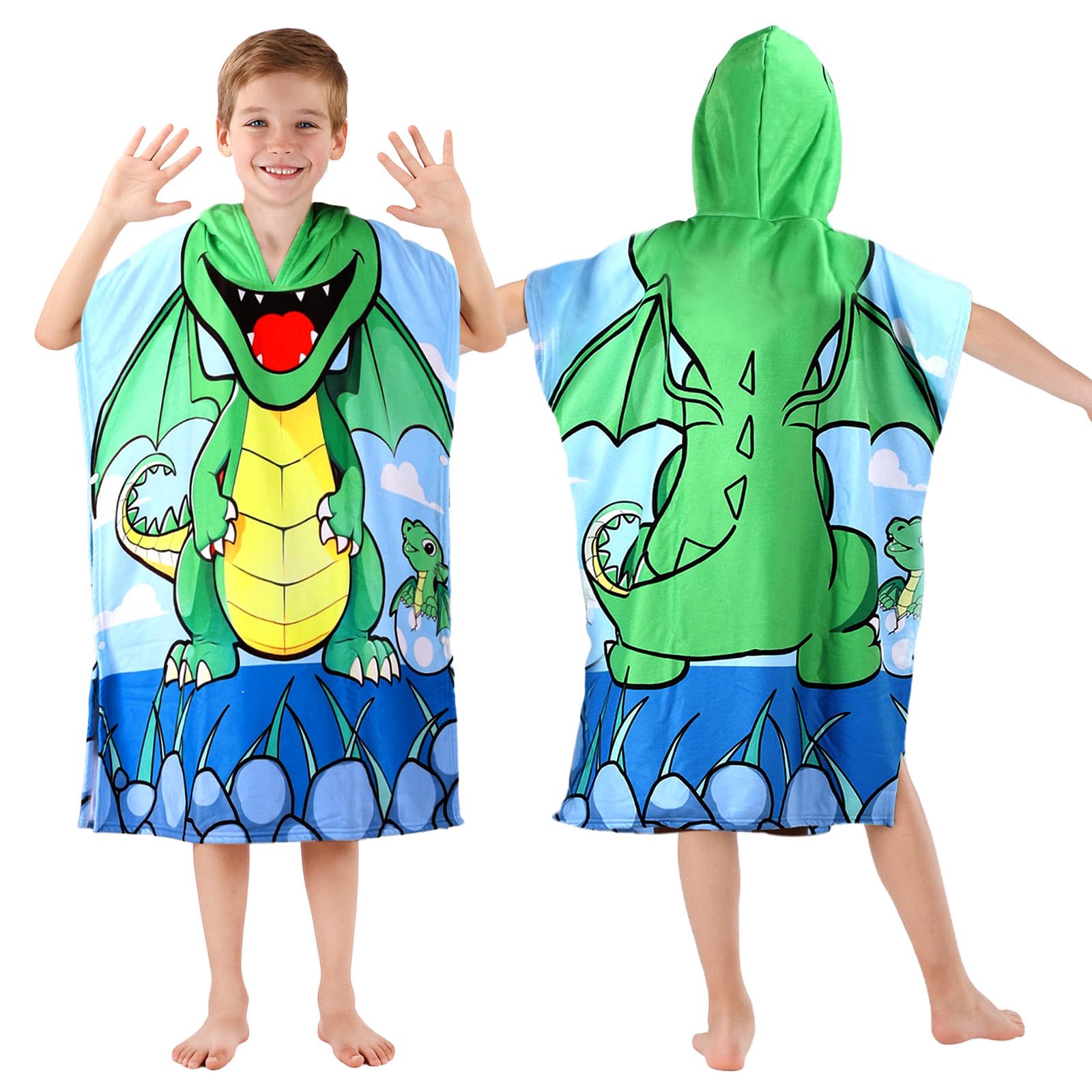 Kids Hooded Beach Towels Wrap for 2-6 Years,Cute Dinosaur Theme Boys Swim Cover Up for Bathroom，22"x26" Quick Dry Green Bath Towel Poncho,Perfect for