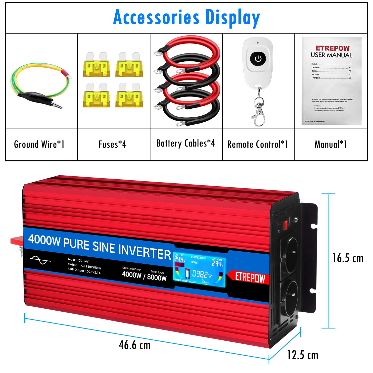 4000w Inversor 24v 220v Onda Pura | Convertidor de Voltaje con 2 enchufes EU y USB, Mando a Distancia inalámbrico, Sistemas solares, caravanas, Coches, Camping