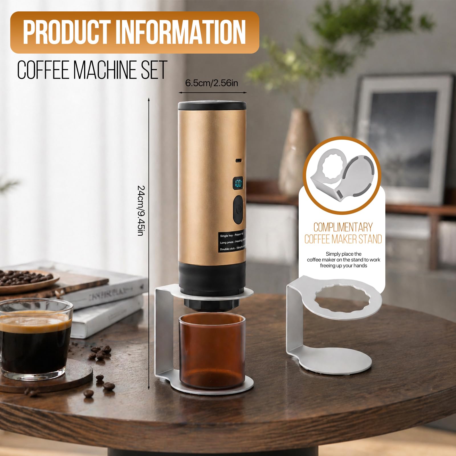 Machine à Café Portable, 3-en-1 Cafetière Nomade Chauffante Rapide, Sans Fil & Auto-Chauffante - Avec Batterie 7800mAh, Fonction de Charging USB-C, Compatible NS/DG/Café Moulu (Or)