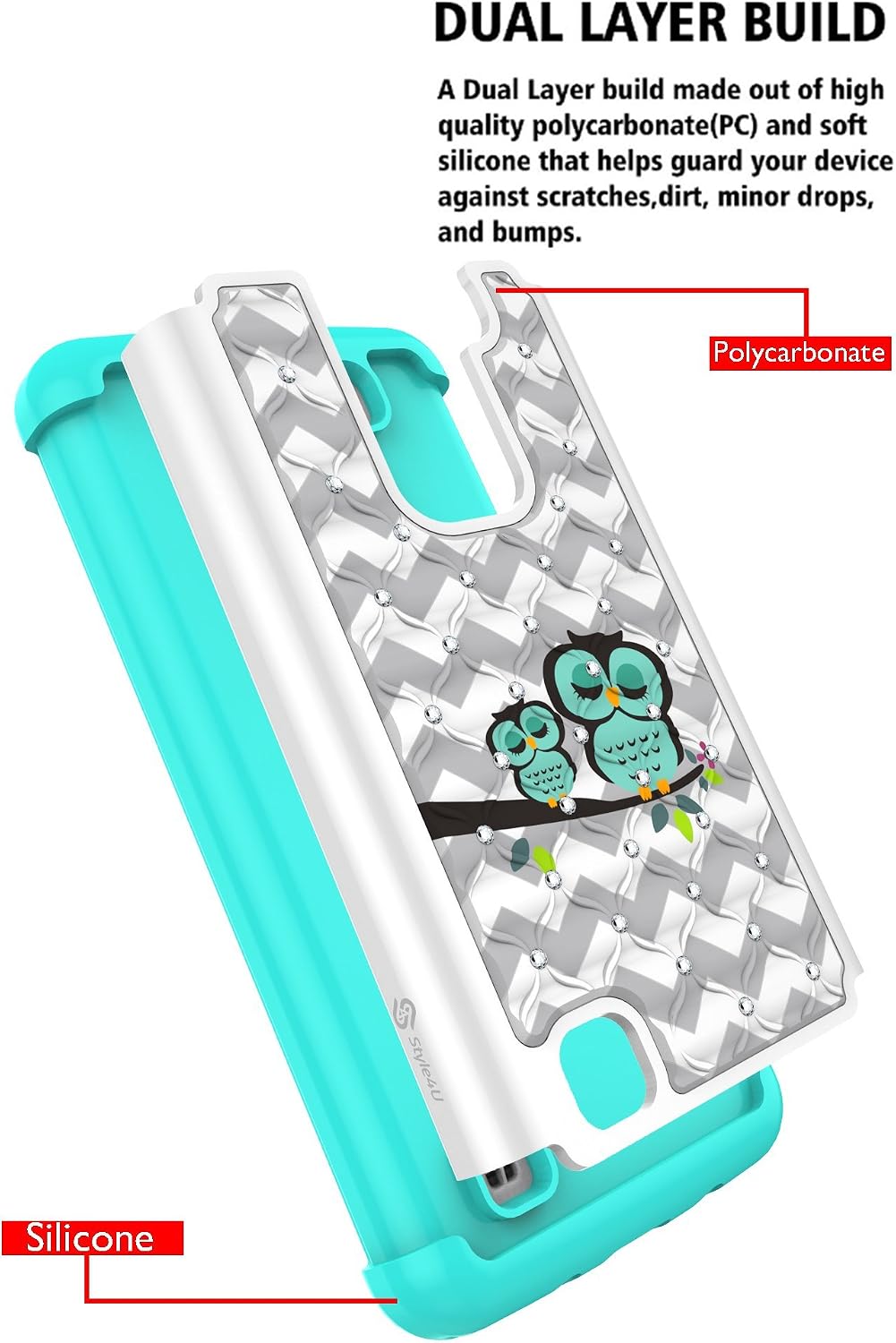 Style4U LG K8 Case, LG Escape 3 Case, LG Phoenix 2 Case, Cute Owl Studded Rhinestone Crystal Bling Hybrid Armor Case Cover for LG K8 / LG Escape 3 / LG Phoenix 2 with 1 Stylus [White/Teal]