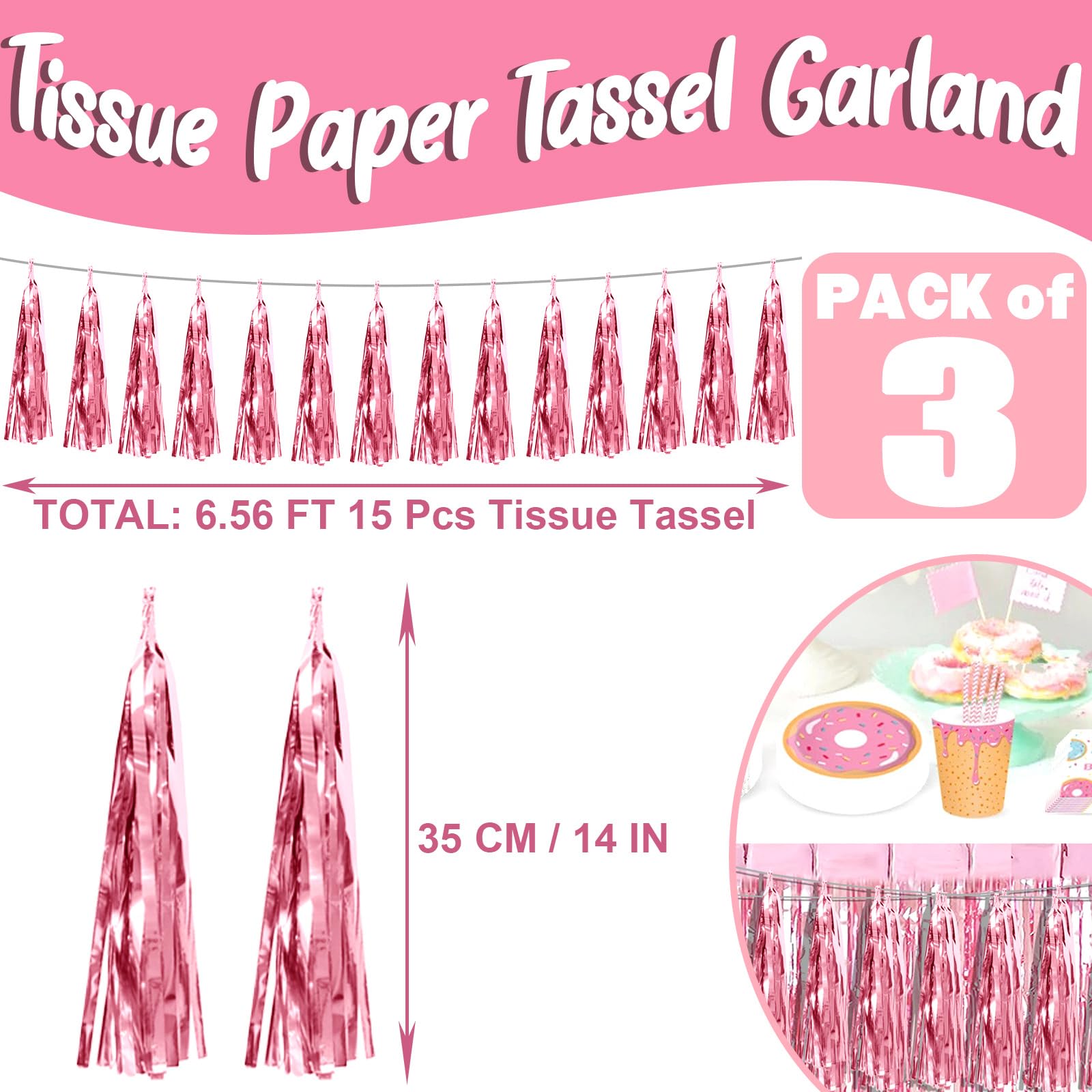 3P Light Pink Foil Fringe Metallic Tassel Streamers Banner Tassel Garland for Parade Floats, Bachelorette, Wedding, Birthday, Halloween, Christmas, Bridal/Baby Shower Party Decorations