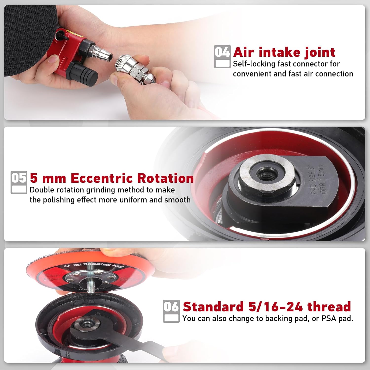 Professional 6" Dual Action Random Orbit Air Sander, Pneumatic Palm Sander, Low Vibration, Heavy Duty