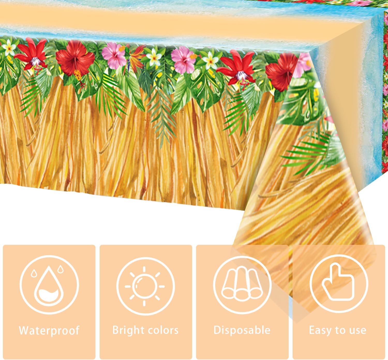 3Pcs Summer Ocean Beach Tablecloths 86x51in Hawaii Luau Grass Skirt Table Cloth Tropical Palm Polynesia Hawaiian Aloha Party Table Cover Decoration Princess Girl Baby Birthday Decor Supplies