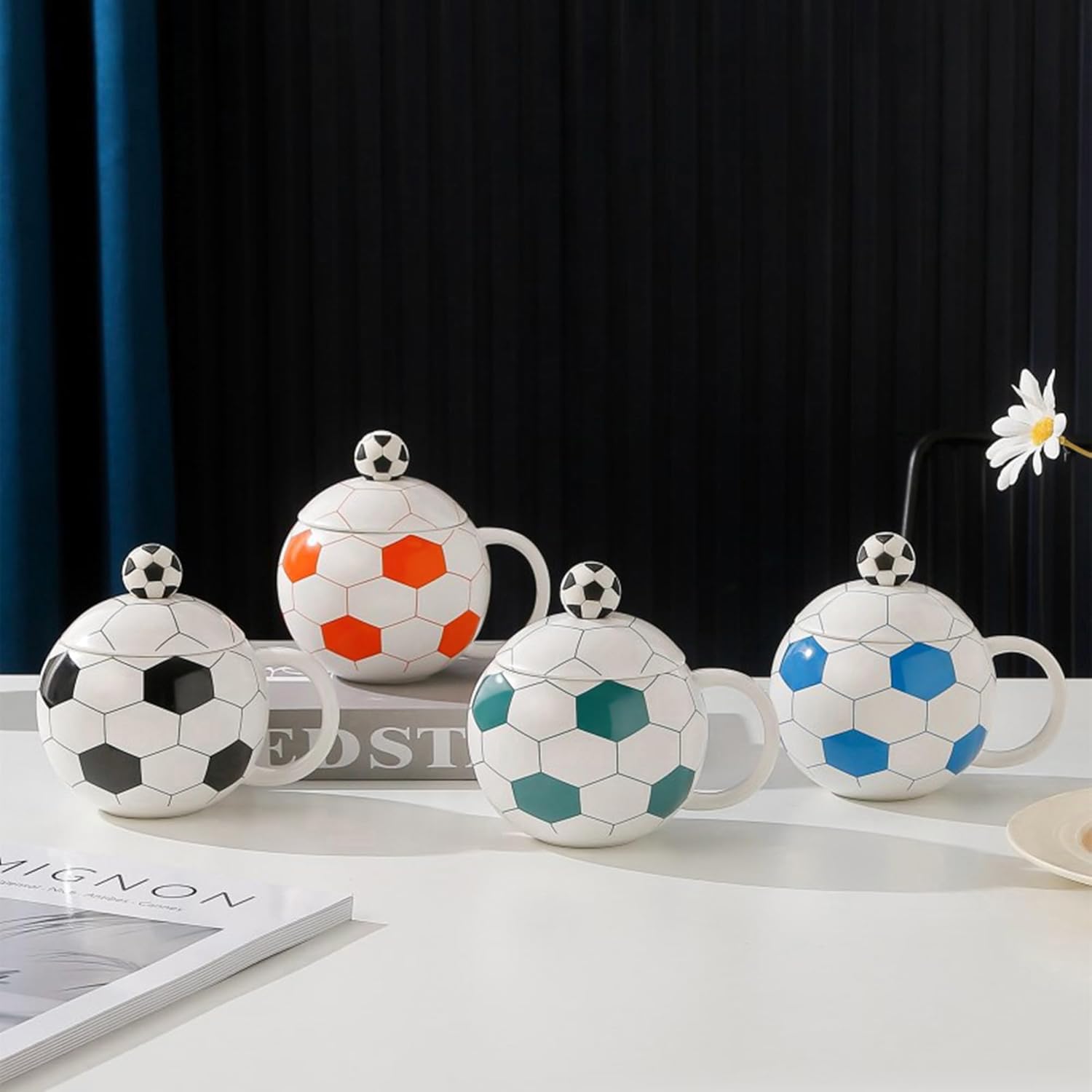 Cute Mugs 14oz Unique Ceramic Coffee Mug with Lid and Spoon, Funny Mugs Soccer Gifts for Coaches Fans and Players, Sports Cool Cups Soccer Teacups, Blue - Image 4