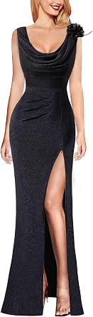 VFSHOW Womens Backless Cowl Neck Formal Prom Ruched Sexy High Split Maxi Dress 2023 3D Flower Feather Open Back Evening Gown