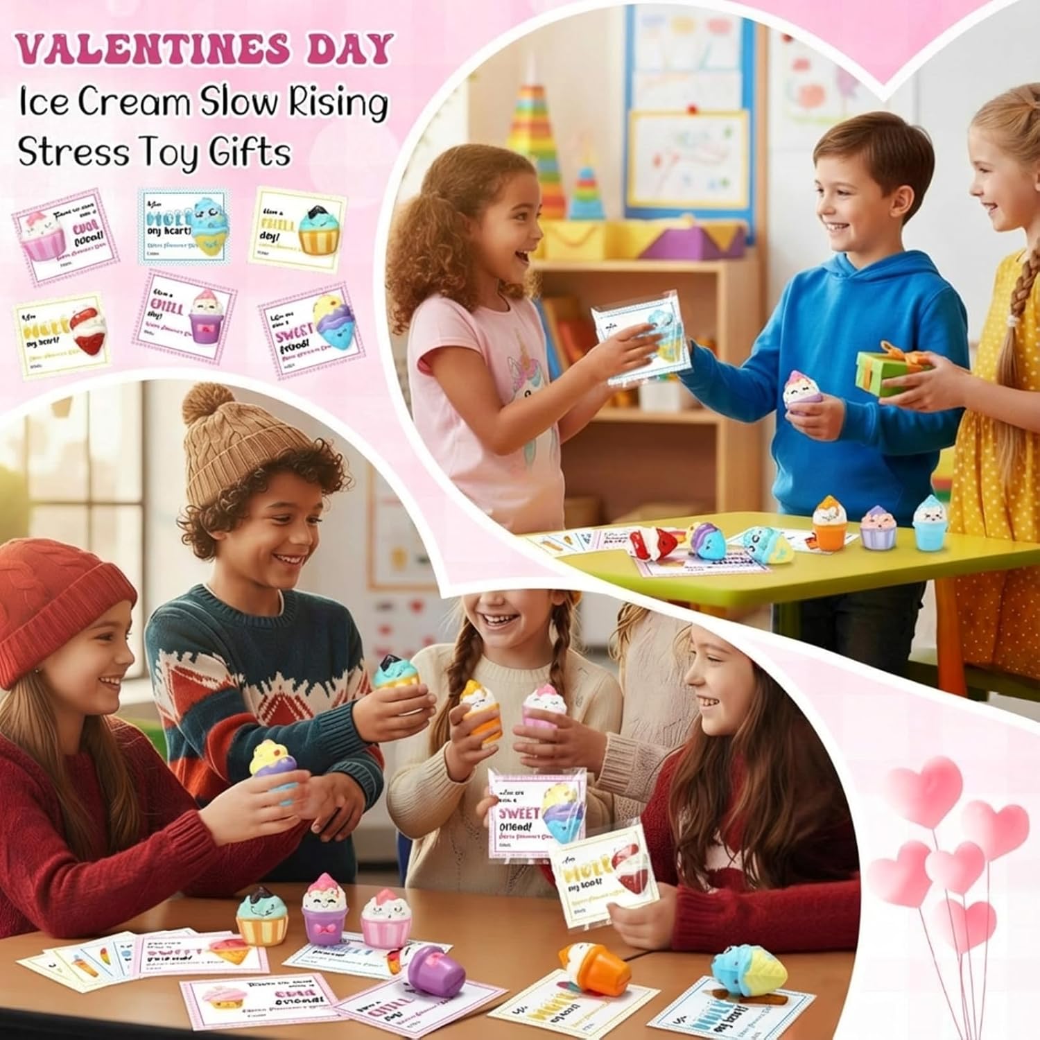 27 Sets Valentines Cards with Ice Cream Stress Balls Squeeze Toys for Valentines Day School Class Classroom Gifts Prizes Party Favors