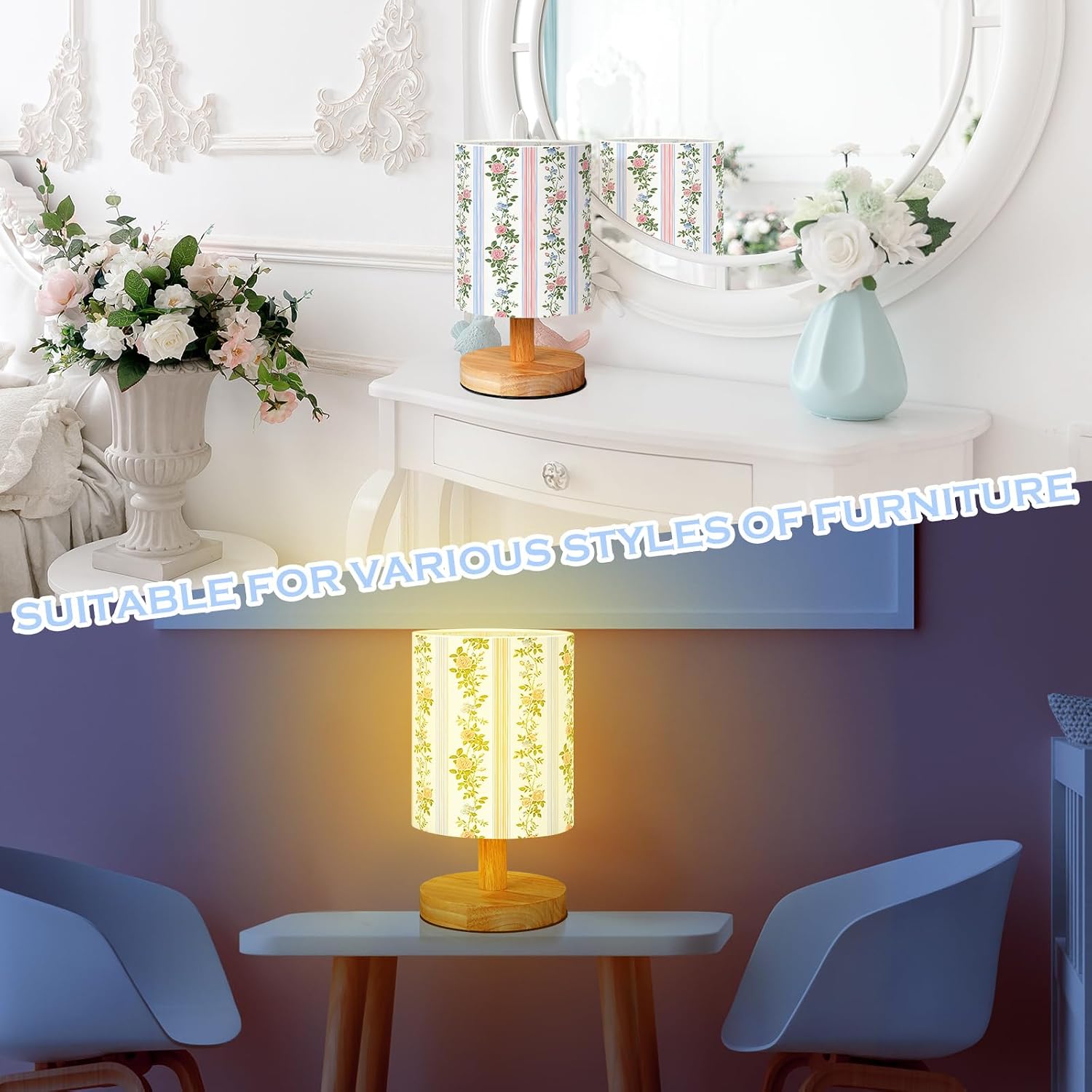 VIHOSE Pink Floral Kids Table Lamp for Bedroom Kids Bedside Lamp with Linen Wooden Nightstand Cartoon Nursery Lampshade for Girls Boys Living Room
