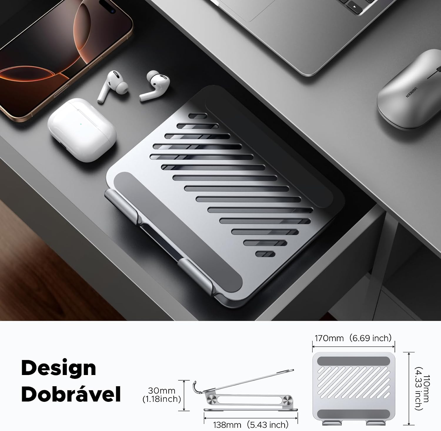 UGREEN Suporte para Tablet de Mesa com Haste Dupla, Suporte de Alumínio Articulado Ajustável em Vários Ângulos, Compatível com Notebook, Tablet, Telefone, Leitor de E-books e Outros Objetos, Prata