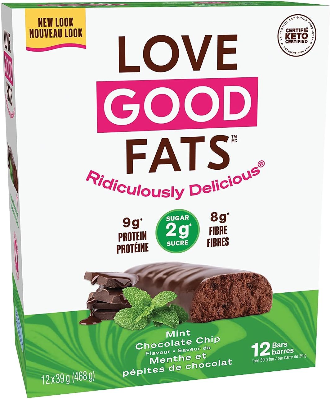 Love Good Fats Bars – Mint Chocolate Chip – Keto-Friendly Protein Bar with Natural Ingredients – Low Sugar, Low Carb, Non GMO, Gluten & Soy Free Snacks for Ketogenic Diets – (12 Count)