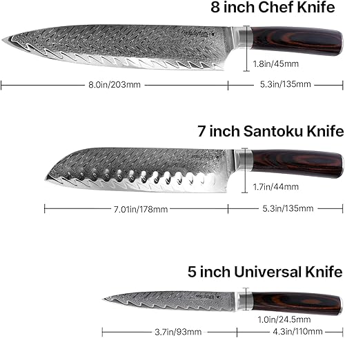 Miniatura 2 de Damascus Knife Set, 3PCS High Carbon Professional Japanese Knives with Ergonomic Handle,VG10 Steel Core Chef Knife Set for Gift for Mom Dad