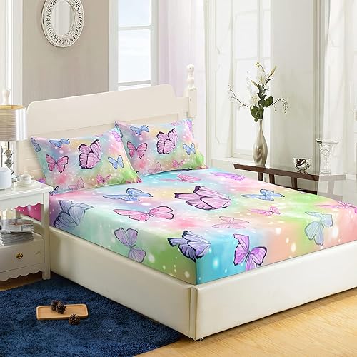 Miniatura 3 de CVHouse Juego de sábanas con diseño de mariposas arcoíris - Tamaño individual, 1 sábana encimera y 1 sábana bajera con 2 fundas de almohada - 4