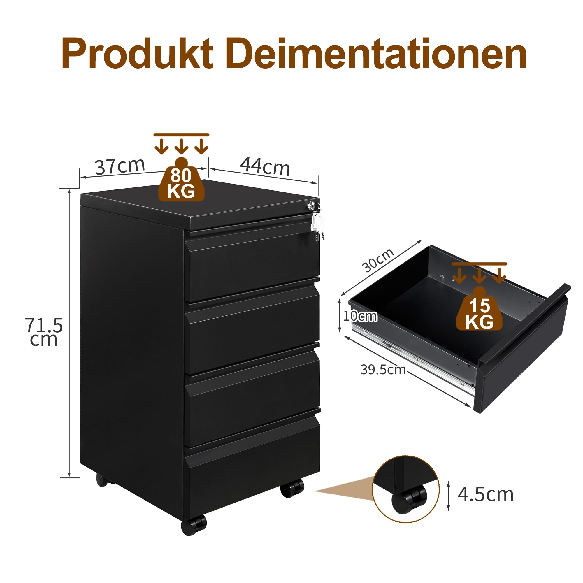 Rollcontainer, Mobiler Aktenschrank mit Schloss, 4 Schlüssel, 4 Schubladen, Büroschrank aus Metall, Bereits Vormontiert, für Büro, Heimbüro, Schwarz