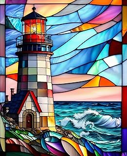 5D Stained Glass Lighthouse Diamond Painting,Adult Diamond Art kit, DIY Diamond Painting kit,Full Diamond Round Diamond dot Diamond Art kit,Craft Home Wall Art decorating-12x16in