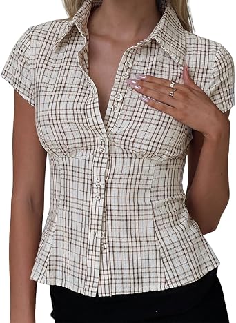 Mxiqqpltky Y2k Fairy Plaid Button Down T Shirts Women Short Sleeve V Neck Aesthetic Tee Shirts Slim Fit Gingham Crop Top