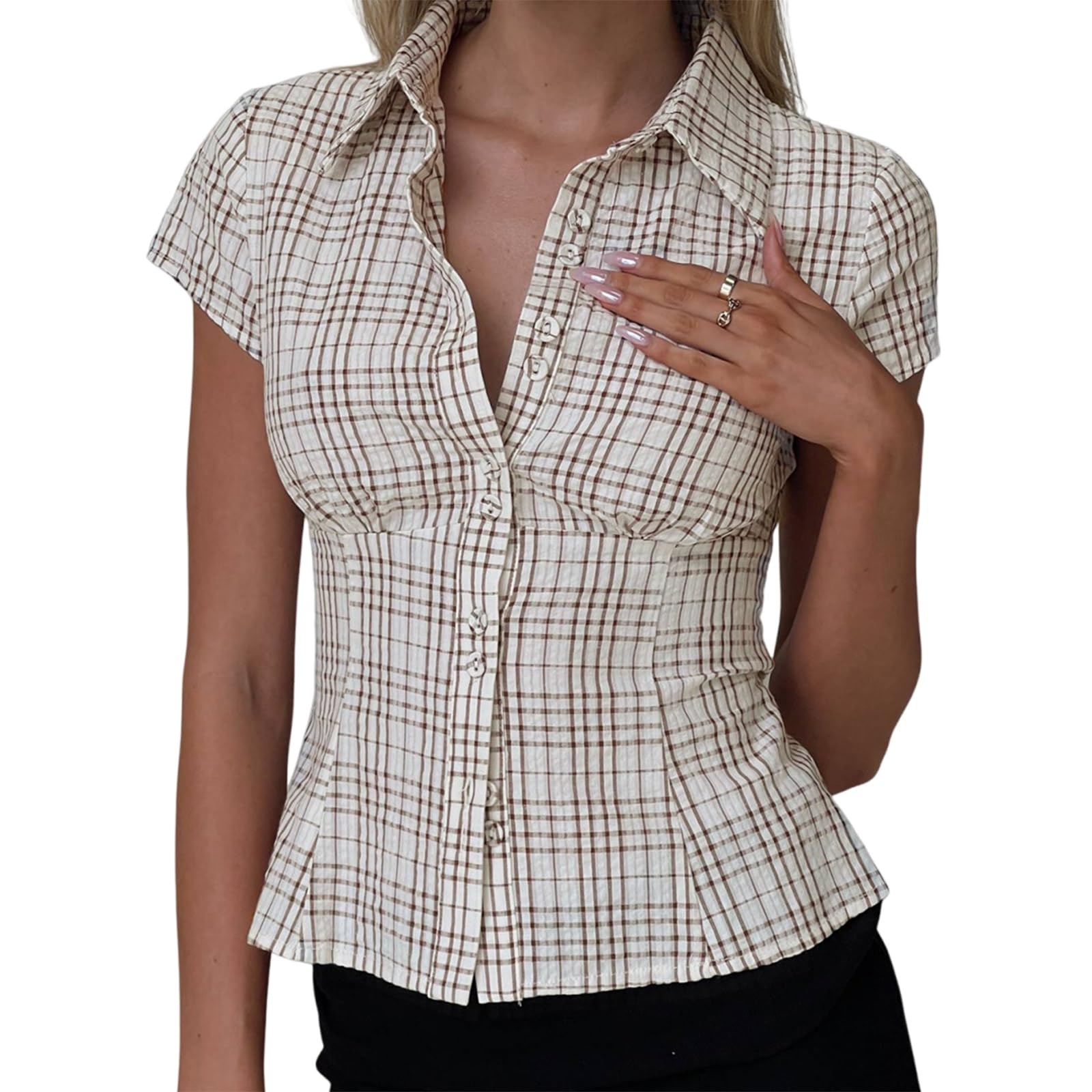 Women Y2k Aesthetic Button-up Shirt 90s Vintage Cottage Short Sleeve Lapel Slim Fit Blouse Fairy Grunge Crop Tops