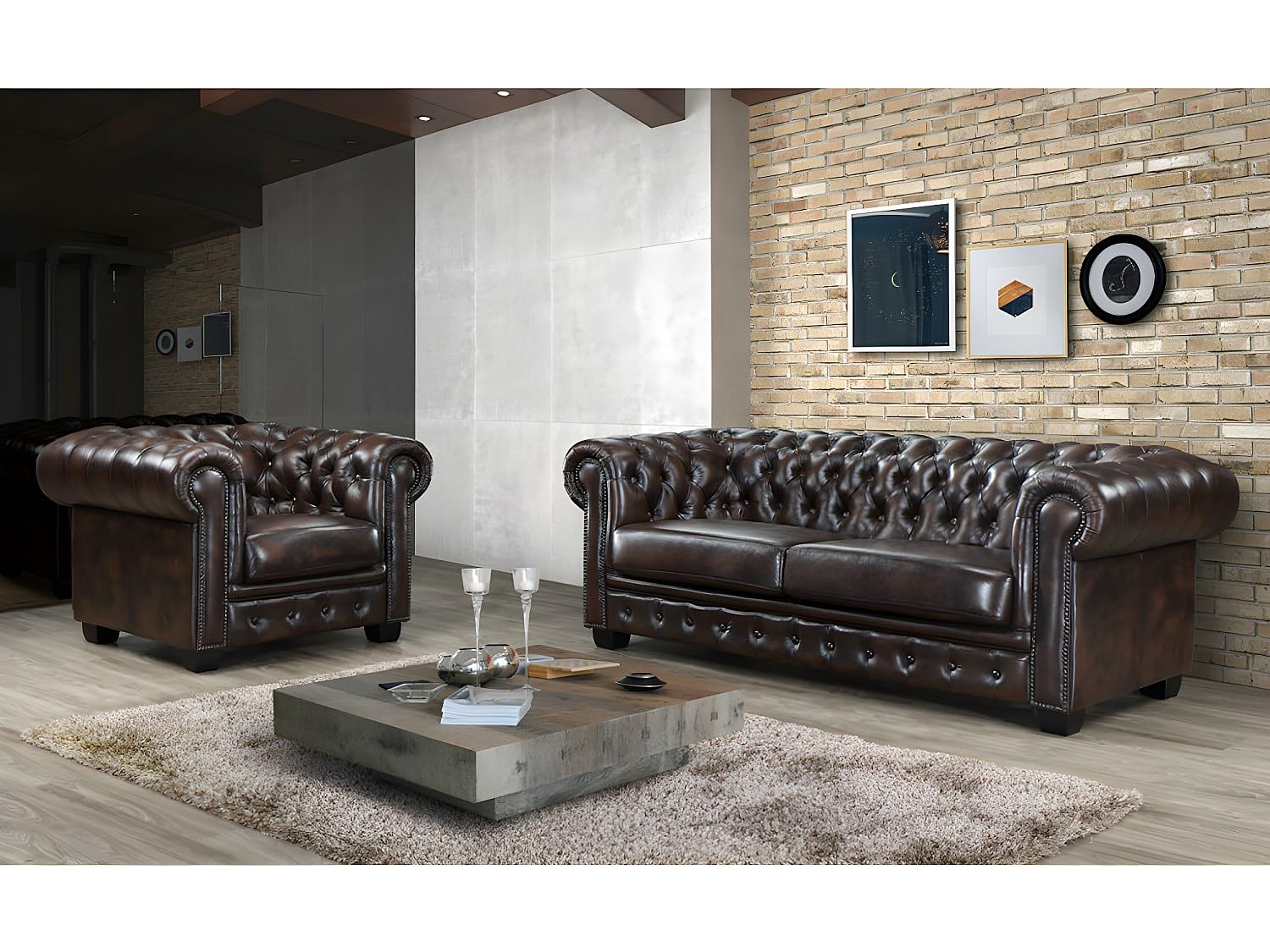 Canapé Chesterfield 3 Places Cuir Artificiel Marron