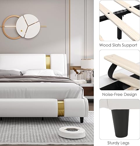 Miniatura 7 de TTVIEW Base de cama tapizada de piel sintética moderna con decoración de metal de hierro cabecera curvada ajustable soporte de listones de madera no