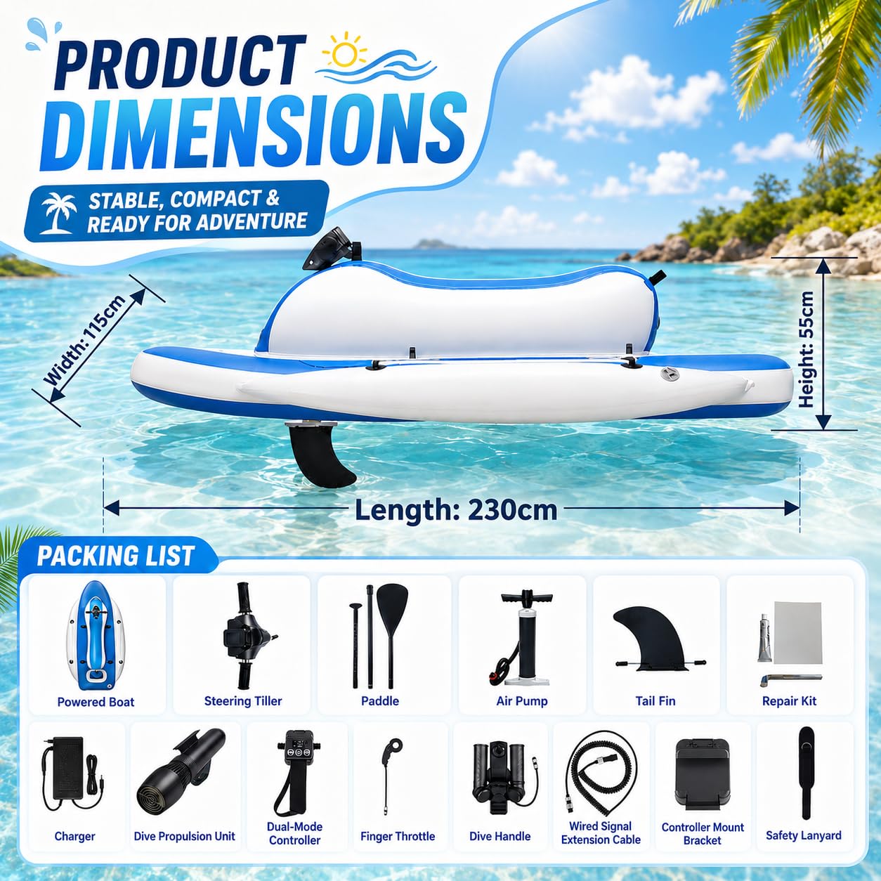 Bateau Gonflable 3-en-1 avec Scooter Aquatique 500W Optionnel Powered | Exploration sous-marine, conversion kayak, construction Drop-Stitch renforcée, usage eau salée, rangement compact coffre