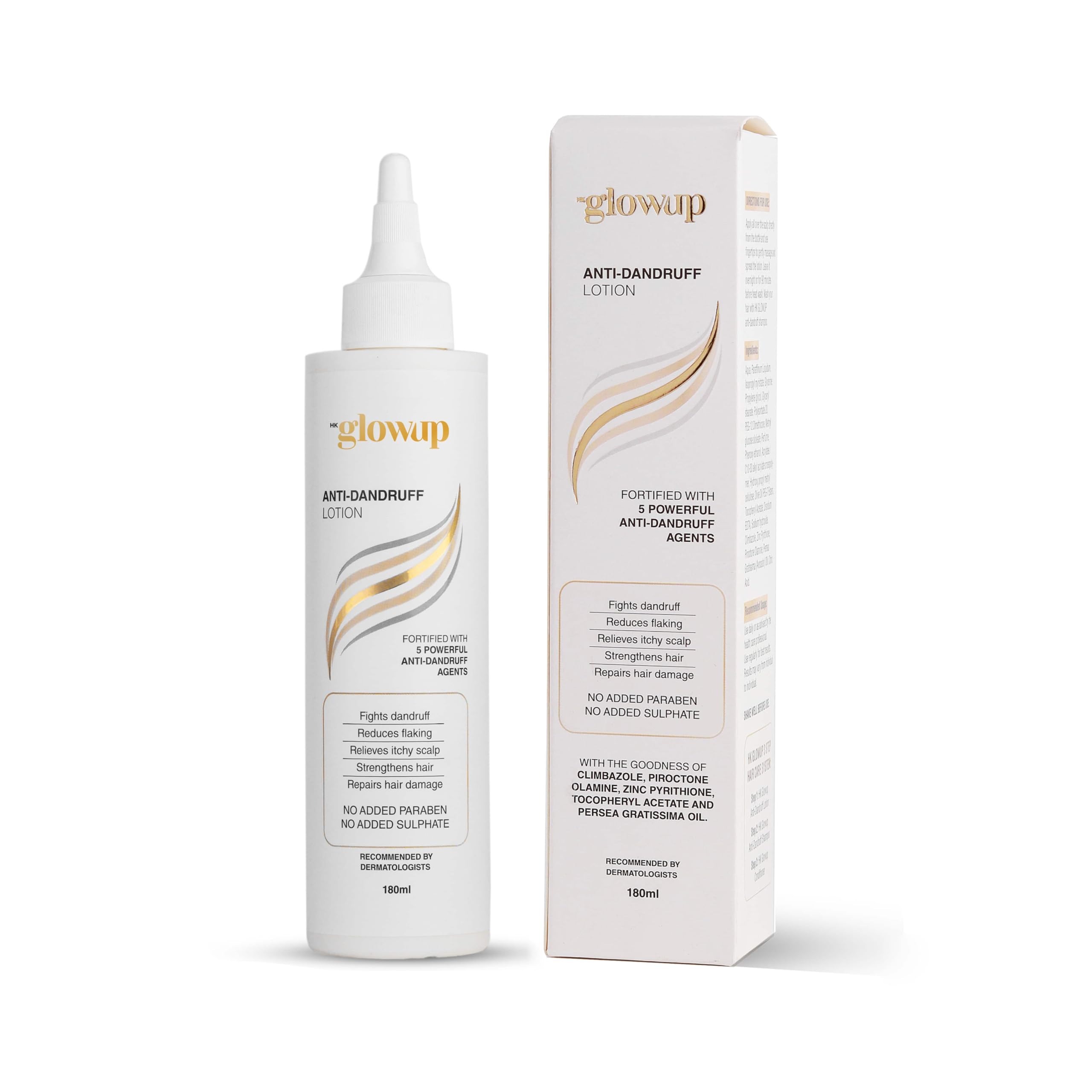 HK Glowup Anti-Dandruff Lotion (180ML) Fights Dandruff & Soothe Itchy Scalp | VITAMIN E Makes Scalp Healthy & Sily Hair, Strengthening - Moisturising/Nourishing | Growth with Care for All Hairs Type