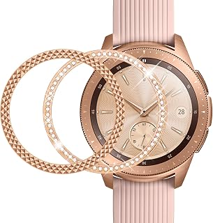 Surace Bezel Ring Styling Compatible with Galaxy Watch 42mm Band Bezel Adhesive Cover Anti Scratch Stainless Steel Protection 2-Pack, (Diamond/Rhombus, Rose Gold