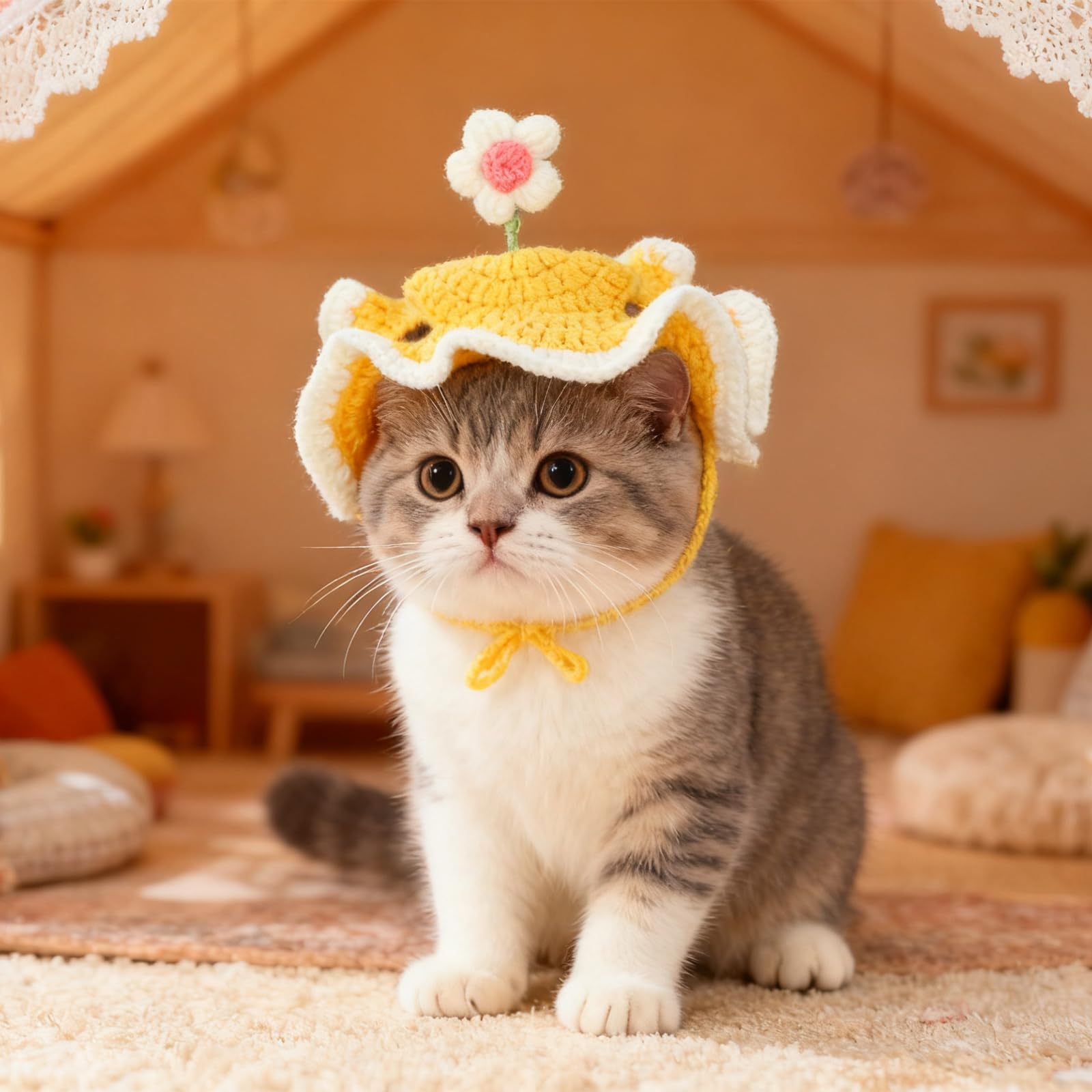 Chapeau d'anniversaire pour Chat avec Trous Oreilles, Ajustable Chapeau Chat Tricoté avec Mignon Design Fleur Dressée pour Fête d'anniversaire Vacances Séances Photo (Jaune)