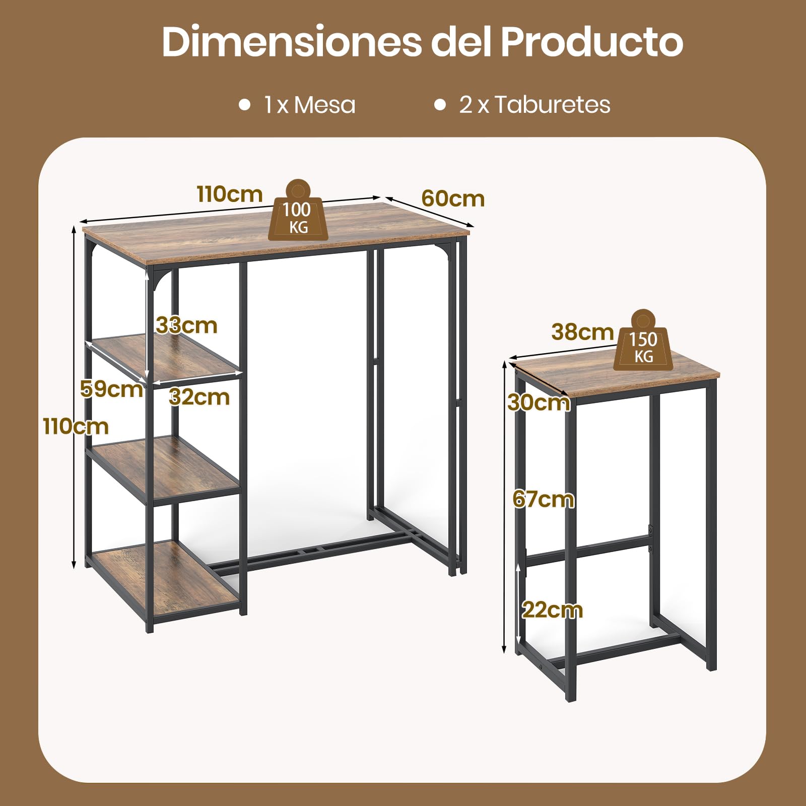 COSTWAY Juego de Mesa y Taburetes de Bar, 110x60x110 cm, Mesa Alta de Cocina con 2 Taburetes, 3 Estantes, Marco de Metal, Muebles de Bar Industrial para Cocina, Salón, Comedor, Desayuno, Marrón