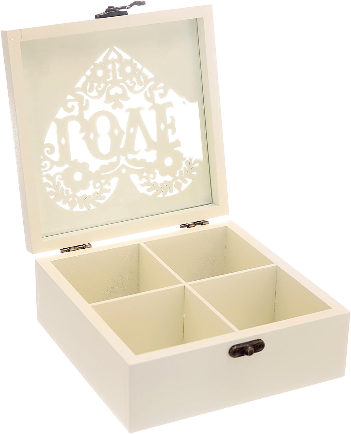 Stylish wooden tea bag container with carved top and lock