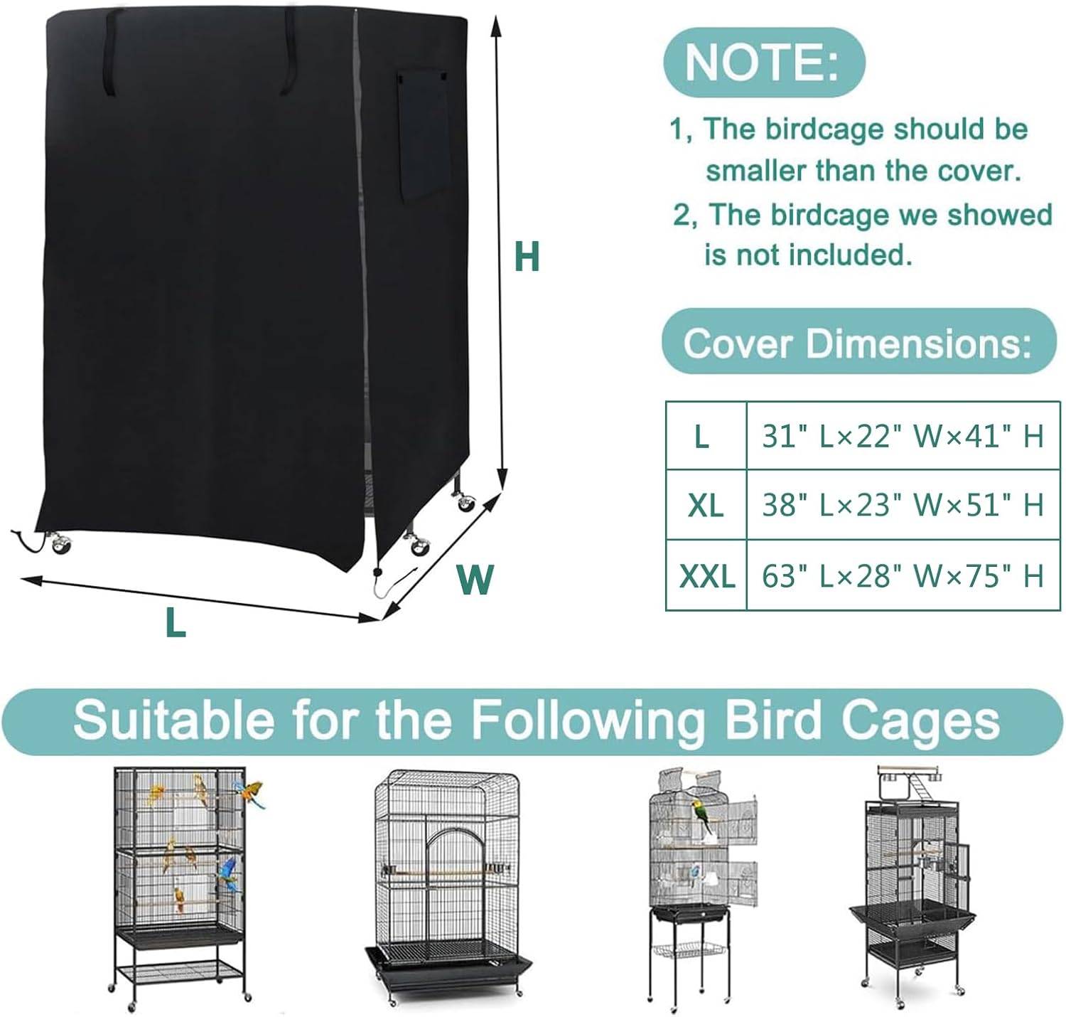 Large Bird Cage Cover, Waterproof Parrot Cage Protector Covers, 420D Oxford Cloth, Windproof, Outdoor Patio Birdcage Cover Good Night Blackout (Black,38 x 23 x 51 inch)