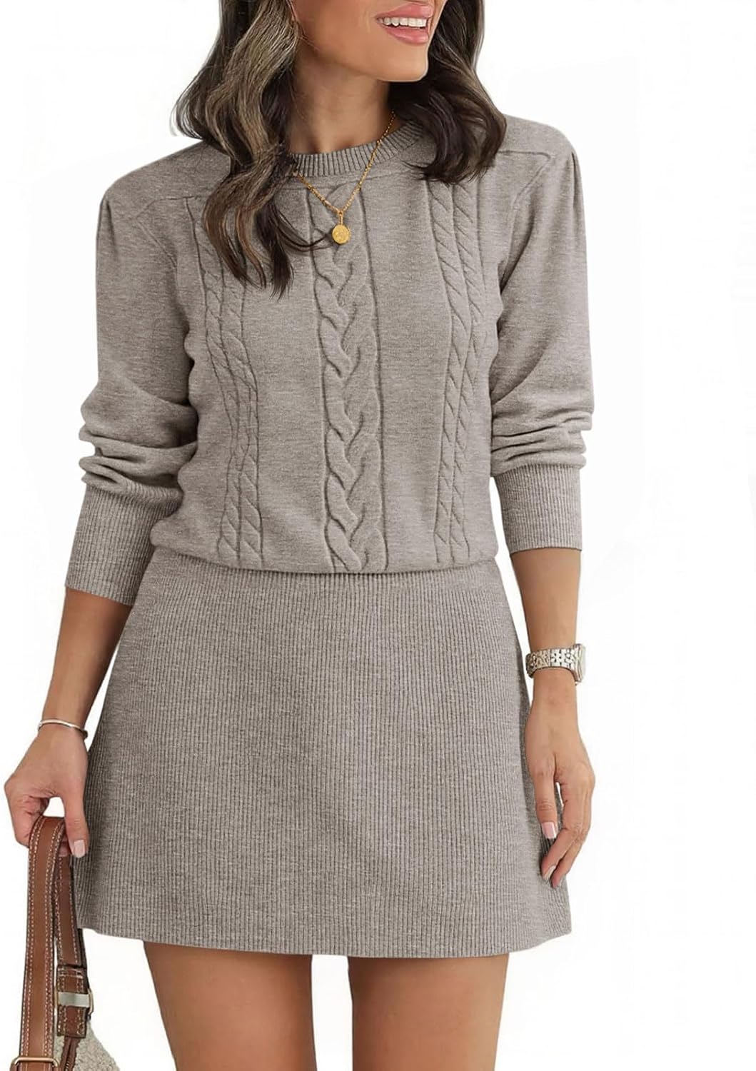 Saodimallsu Womens Puff Long Sleeve Sweater Dress Cable Knit A Line Crew Neck Fall Casual Flare Mini Dresses