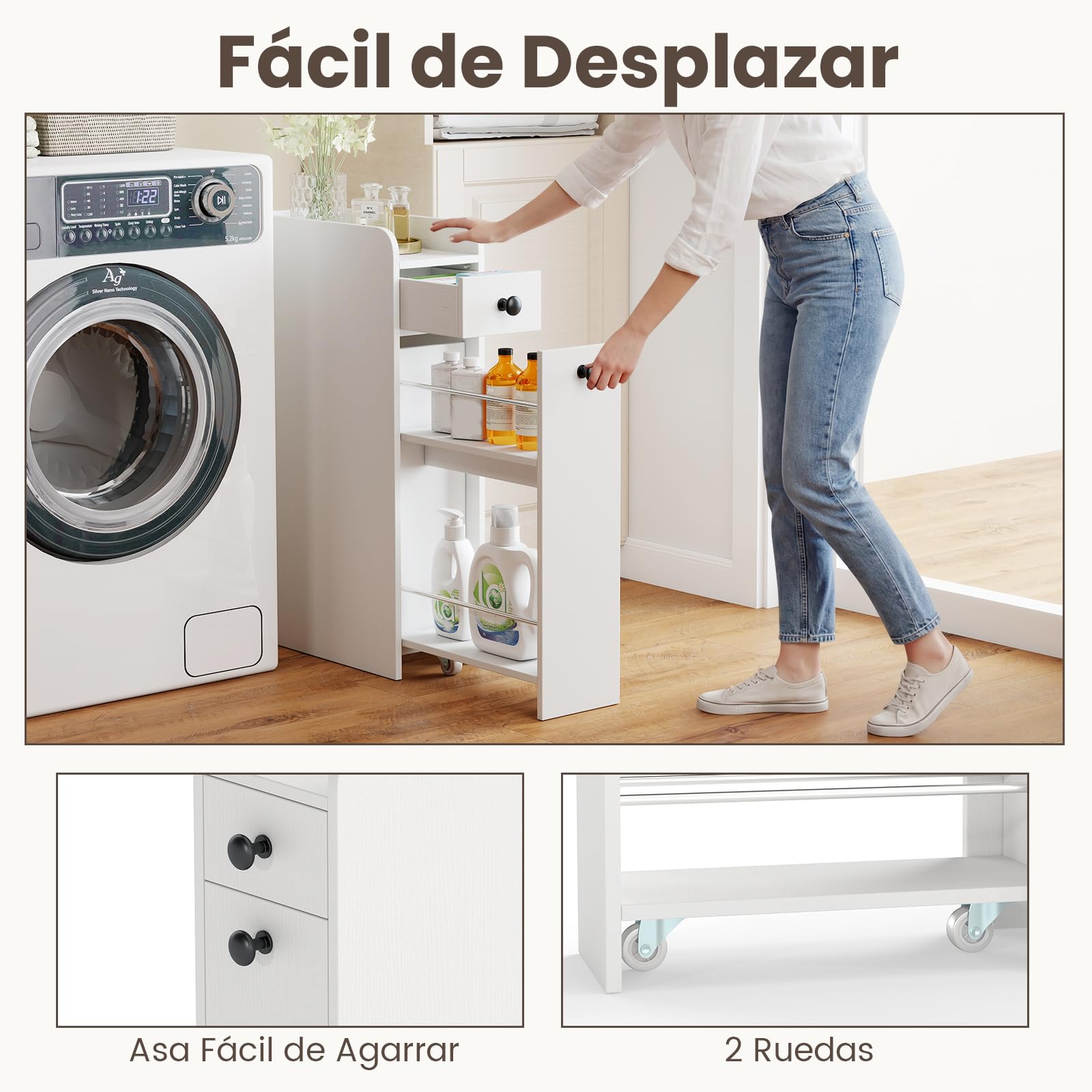 COSTWAY Armario de Baño Estrecho de 4 Niveles, Mueble Auxiliar de Baño Estrecho con Cajones, Encimera con Bordes Elevados, Ruedas y Pomos, Gabinete de Almacenamiento para Baño Cocina Salón (Blanco)