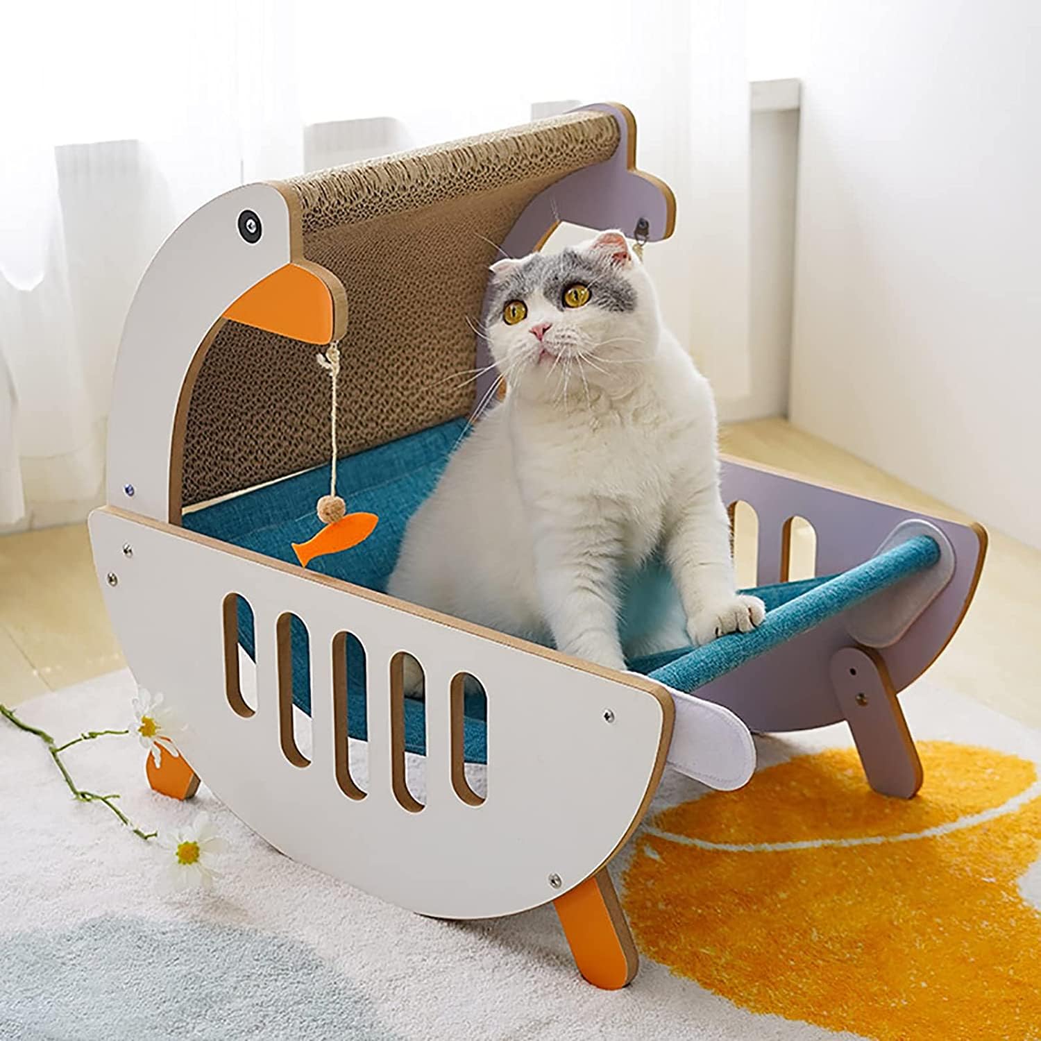 SHAMWA Cat bed with scratcher Pet Cat Scratch lounge Bed Board Cardboard Cat Scratcher, Cat Scratching Pad with toy fishCat Grinding Claw Interactive Scratch Toy size 50 * 50 * 38 (A)